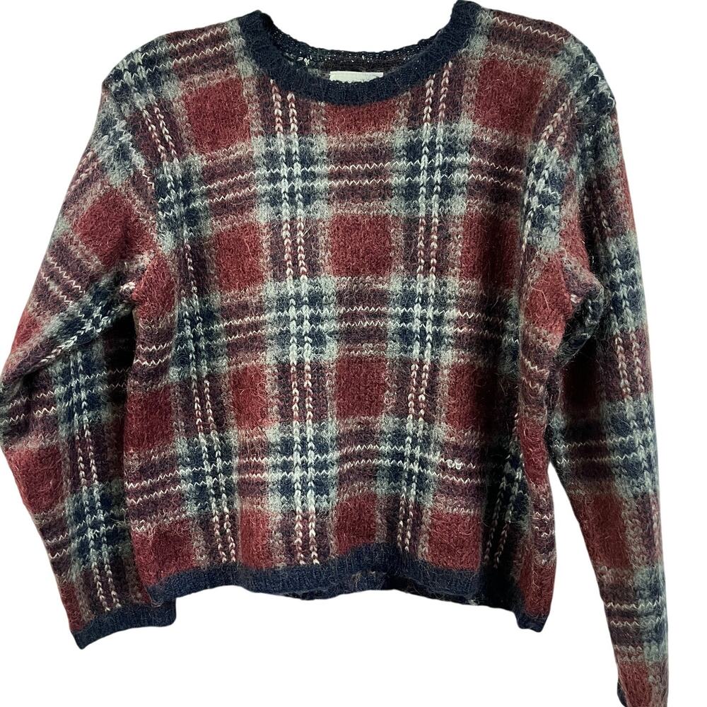 Vintage Women's Paul Harris Designs large plaid Mohair blend crop sweater red